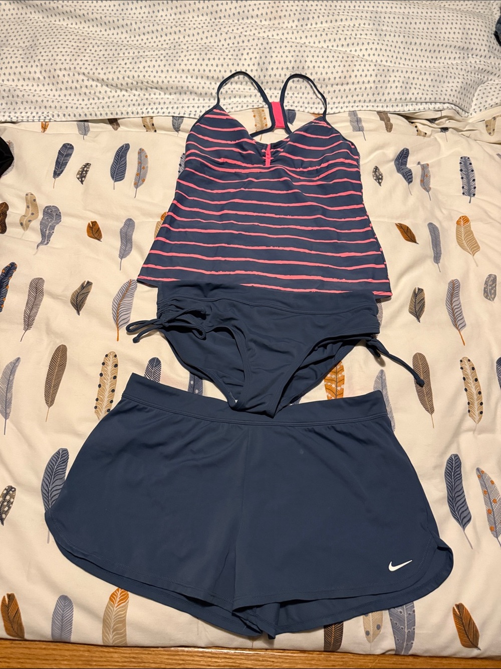 Nike Women's Navy and Pink Striped Tankini with Navy Swim Shorts
